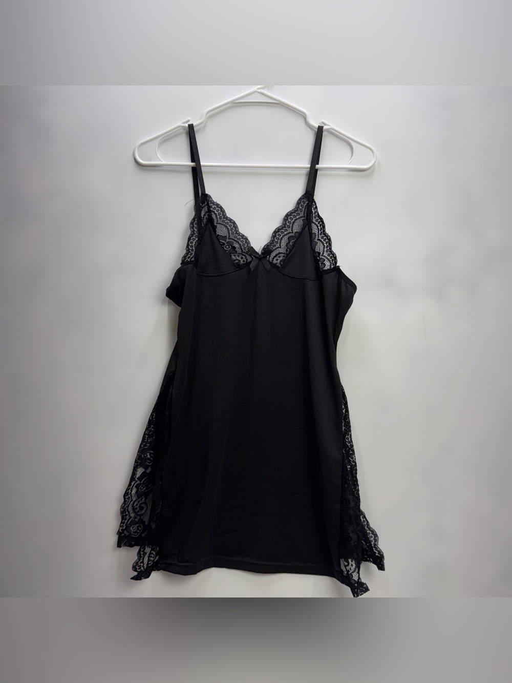 Women’s Black Lingerie V-Neck Top with Lace Trim and Side Slits